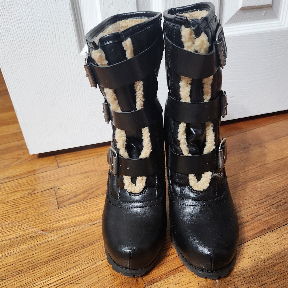 Simply Vera Wang black boots. Size 7.5. Tan soft lining. With buckles. With box